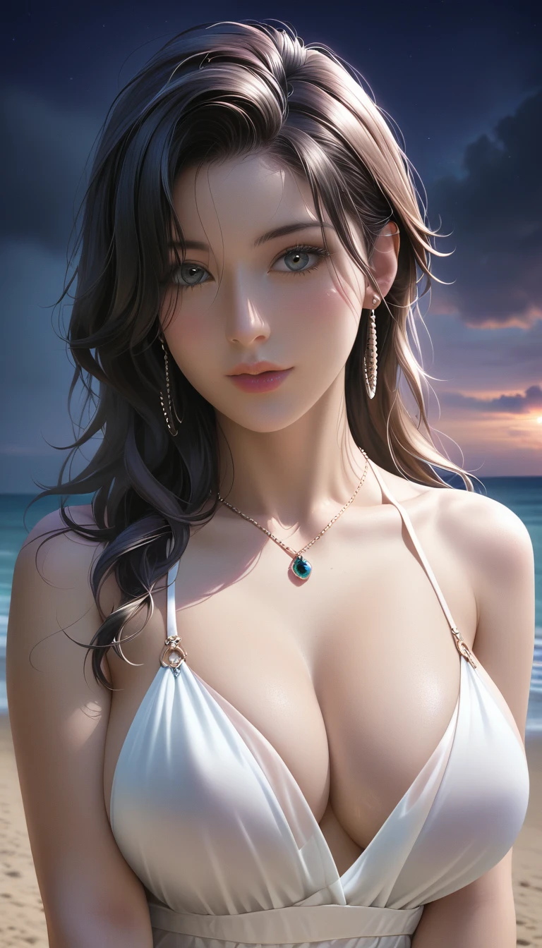 score_9, score_8_superior, score_7_superior, Masterpieces with up to 16K resolution,Highest quality,it is really amazing,Very detailed,Ultra-high resolution,(Ultra-realistic:1.1),(Realistic:1.1),Increased depth of field,Cinematic lighting,
Elegant Japanese MILF,
Long black hair,Ultra-detailed and beautiful face,Translucent white skin,Realistic skin texture,
(Elegant swimwear:1.1),
Bold design,Artistic design,Beautiful and detailed pattern,Detailed fabric texture,
Gorgeous necklace,Earrings,
(Deserted beach at night:1.4),(Dark night sky with dark clouds:1.4),
(Dramatic Angle:1.1),