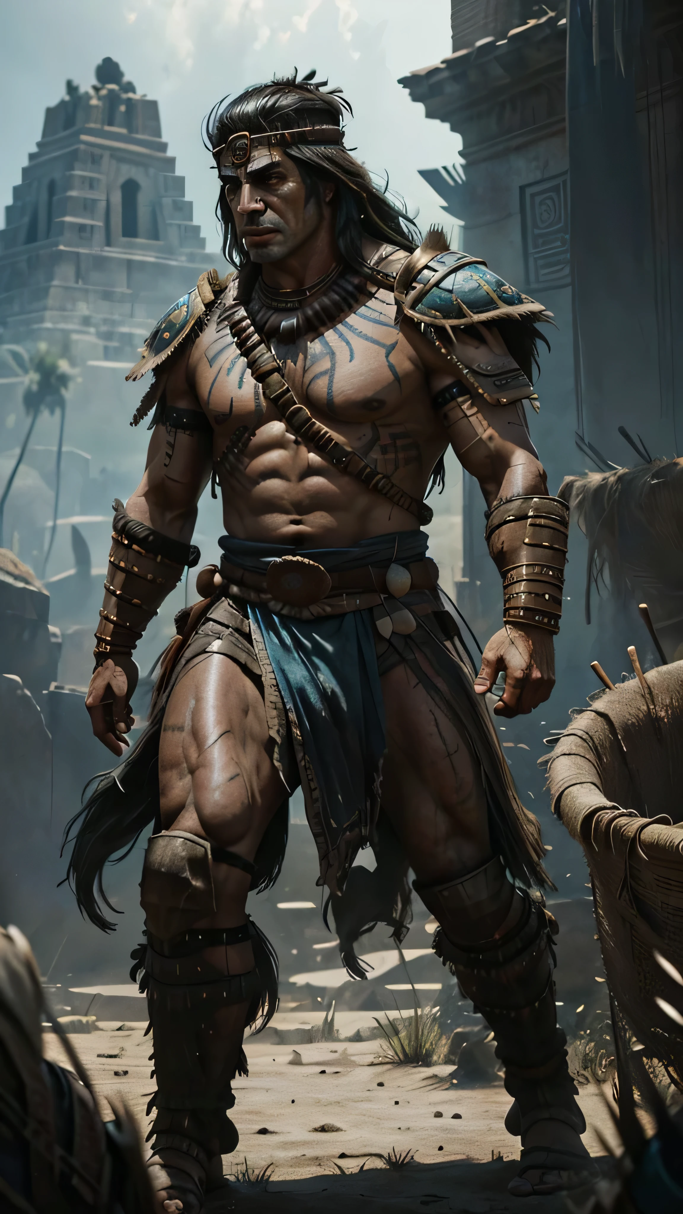 (Javier Bardem) as Kotal Kahn from Mortal Kombat, black long hair, glowing eyes, light blue tattoos, man warrior, brown helmet with feathers, brown armor, brown loincloth, (aztec temple background:1.0), (insanely detailed, beautiful detailed face, masterpiece, best quality), cinematic lighting, 1man, solo, full body view, front view, looking at viewer, intricate, high detail, sharp focus, dramatic, photorealistic painting art by greg rutkowski