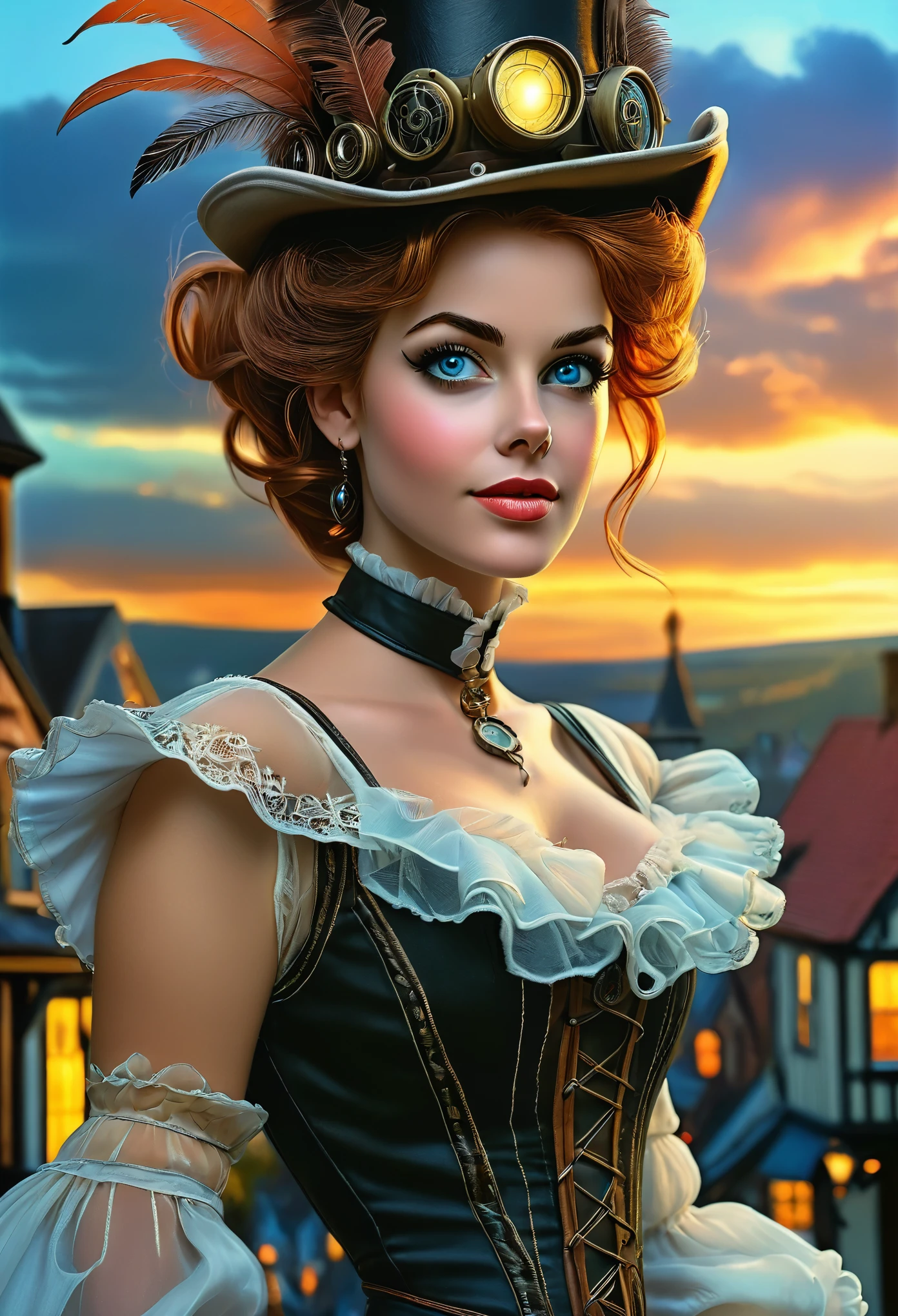 realistic, mesmerizing, modern analog photo, middle shot, photorealistic, (most detailed face, eyes), skyscape with clouds, nightfall, cute woman, small european town in 1910, short windblown skirt, soft steampunk aesthetic, short hair, smoke particles, halo, (bioluminescent:0.95), vibrant color details, dynamic, Intensed eyes, sexy, pleasure, wishmaster, depth of field, 35mm, film grain, raw photo, isometric, extremely detailed