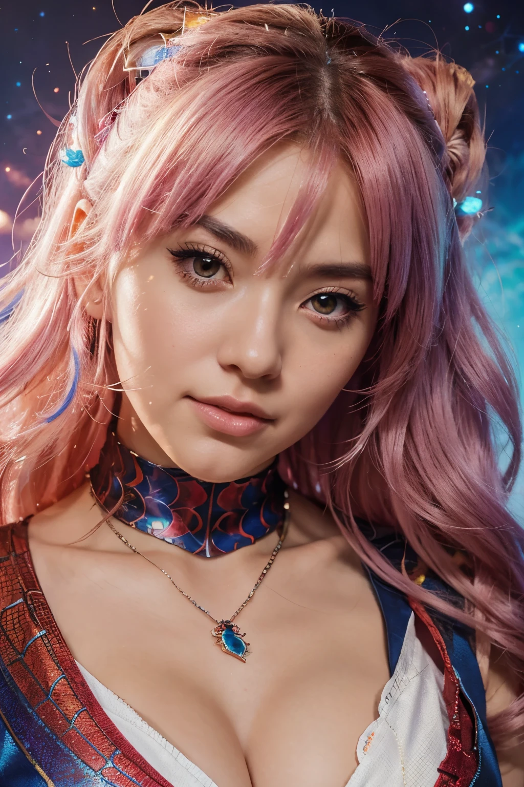 Close-up of a woman with showy hair and necklace, anime girl with cosmic hair, soft vitality by Rossdraws, artwork in Guvez style, fantasy art style, showy], vibrant fantasy style, Rossdraws cartoon full of vitality., cosmic and showy, guweiz, showy digital fantasy art, Stunning art style, Beautiful anime style, White skin, spider man costume,