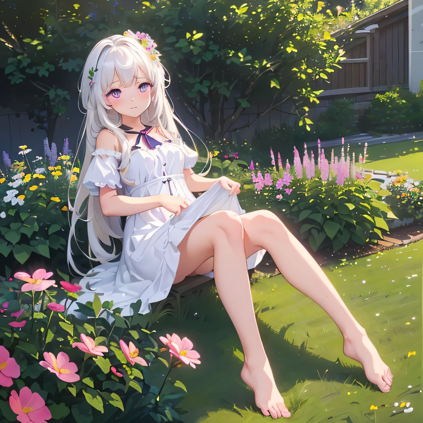 (best quality,4K,8K,high resolution,masterpiece:1.2),Very detailed,(Practical,photoPractical,photo-Practical:1.37),illustration,Soft Light,White hair girl,Deep purple eyes,Glowing eyes,sit down,barefoot,blush,Garden at night,Flowers.dew