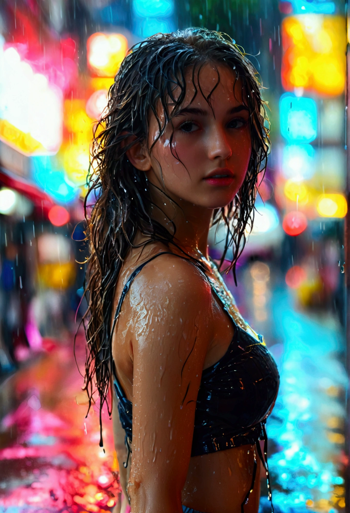 8k, high resolution, masterpiece, ultra-detailed, full body shot (cute girl, young, barely legal, tanned skin), (oversized loose crop shirt, short, wide neckline, deep neckline, random color, bikini underneath), (cozy cabana, shiny silky sheets, outdoor, tropical ressort after a sunbath, wet, at dusk), (medium breasts, small hips, detailed face, long slick ponytail hair, tattoos), moody atmosphere, random dramatic and neon colors, futuristic setting, intricate details, at night, backlit, full body shot