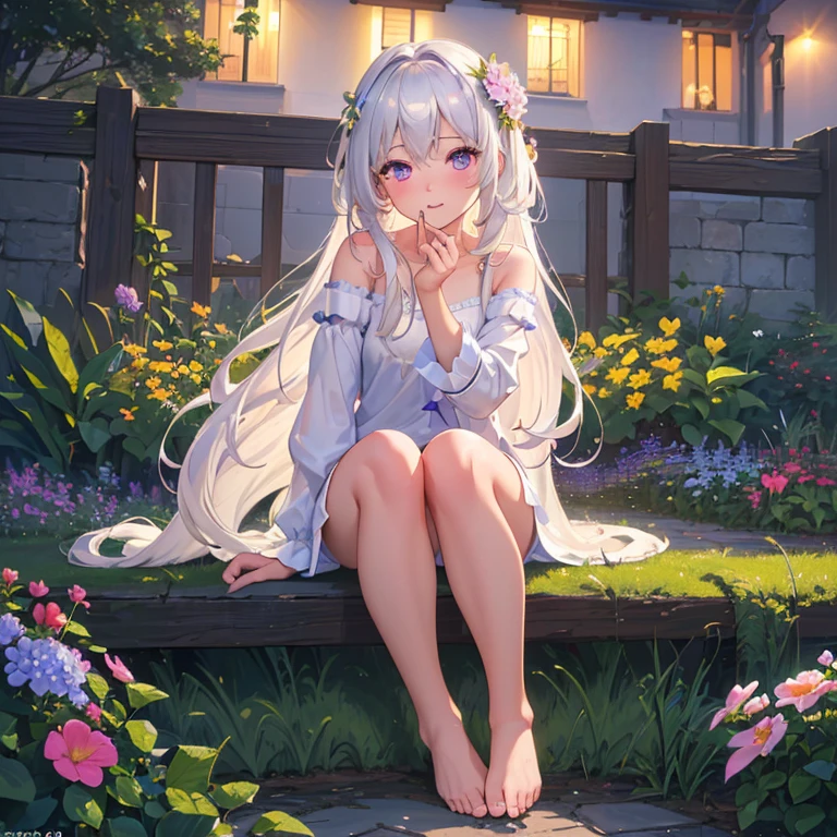 (best quality,4K,8K,high resolution,masterpiece:1.2),Very detailed,(Practical,photoPractical,photo-Practical:1.37),illustration,Soft Light,White hair girl,Deep purple eyes,Glowing eyes,sit down,barefoot,blush,Garden at night,Flowers.dew