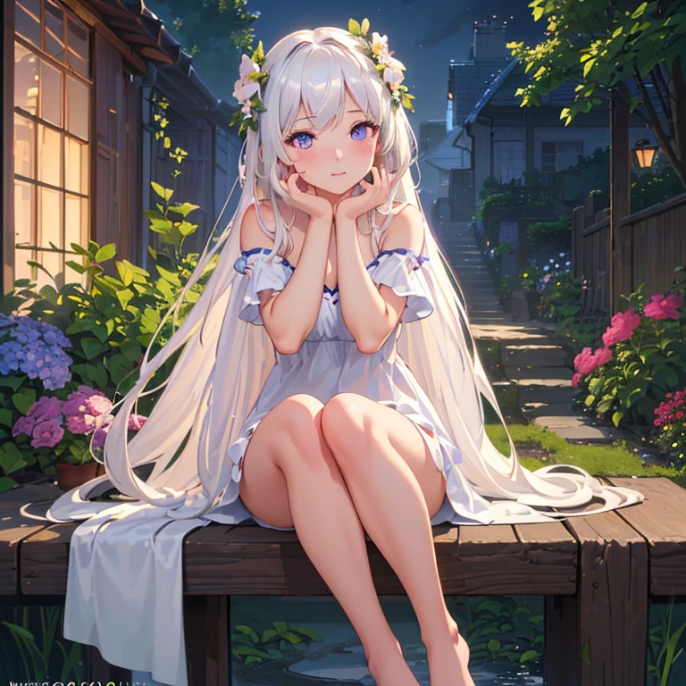 (best quality,4K,8K,high resolution,masterpiece:1.2),Very detailed,(Practical,photoPractical,photo-Practical:1.37),illustration,Soft Light,White hair girl,Deep purple eyes,Glowing eyes,sit down,barefoot,blush,Garden at night,Flowers.dew