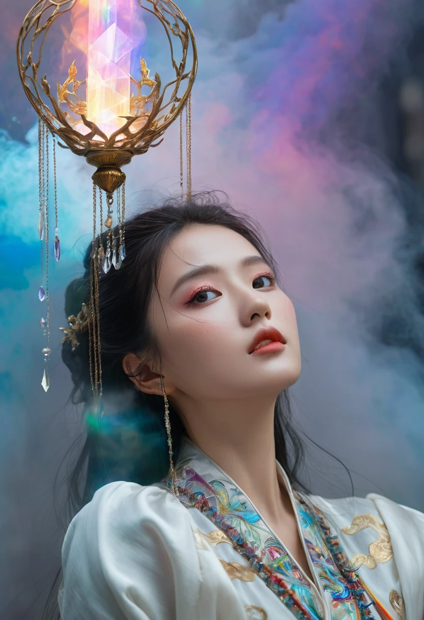 Chinese fantasy,Eastern mythology,((full body:1.3)),((floating)),((in air)),shrouded in a lattice like cloud layer above the screen,(these thick dark clouds condense into crystals),(there is a gap in the center of the cloud layer, from which many black smoke flows out),a dazzling sky,(a 20-year-old woman wearing a white long sleeved ancient costume suspended in the air:1.2),((she holds a crystal stone emitting colorful light with both hands:1.5)),the Tindar effect,chaos,sacred light,
ray tracing,shadows,ultra sharp,metal,((cold colors)),Epic CG masterpiece,(3D rendering),facing camera,ultra high resolution,(masterpiece),(best quality),(super detailed),(extremely delicate and beautiful),cinematic light,detailed environment,(real),(ultra realistic details:1.5),glass-like sparkling eyes are blurry and dreamy,(muscle tone and definition),(finely detailed features),stunning colors,cinematic lighting effects,super wide Angle,light particles,light particle art,glowing,dynamic poses,surreal,futurism,concept art,exquisite facial features,super delicate face,designed by greg manchess,smoke,a model woman,bright eyes,glossy lips,trending on art station,photoreal,8 k,octane render by greg rutkowski,art by Carne Griffiths and Wadim Kashin,in the style of Dau-al-Set,Pollock,and inspired by MAPPA and Zdzislaw Beksinski,xianxia