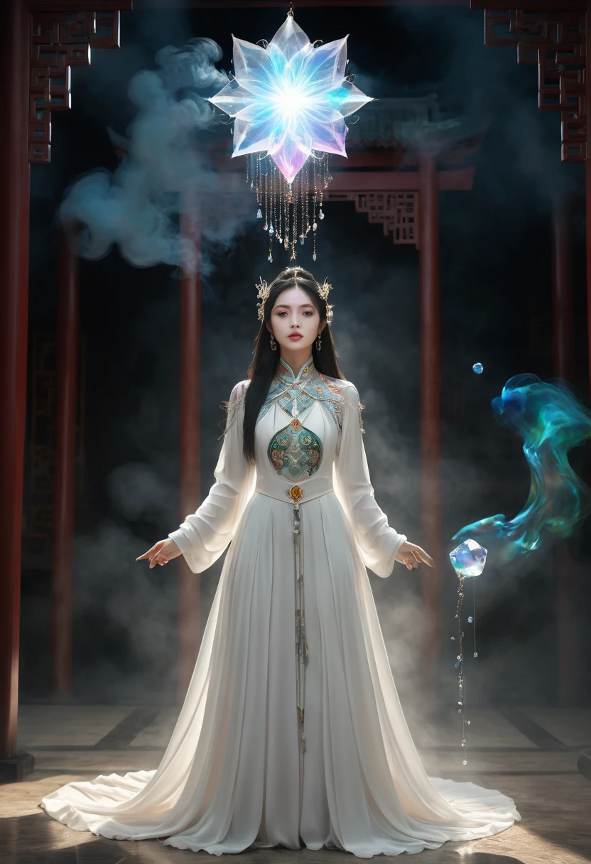 Chinese fantasy,Eastern mythology,((full body:1.3)),((floating)),((in air)),shrouded in a lattice like cloud layer above the screen,(these thick dark clouds condense into crystals),(there is a gap in the center of the cloud layer, from which many black smoke flows out),a dazzling sky,(a 20-year-old woman wearing a white long sleeved ancient costume suspended in the air:1.2),((she holds a crystal stone emitting colorful light with both hands:1.5)),the Tindar effect,chaos,sacred light,
ray tracing,shadows,ultra sharp,metal,((cold colors)),Epic CG masterpiece,(3D rendering),facing camera,ultra high resolution,(masterpiece),(best quality),(super detailed),(extremely delicate and beautiful),cinematic light,detailed environment,(real),(ultra realistic details:1.5),glass-like sparkling eyes are blurry and dreamy,(muscle tone and definition),(finely detailed features),stunning colors,cinematic lighting effects,super wide Angle,light particles,light particle art,glowing,dynamic poses,surreal,futurism,concept art,exquisite facial features,super delicate face,designed by greg manchess,smoke,a model woman,bright eyes,glossy lips,trending on art station,photoreal,8 k,octane render by greg rutkowski,art by Carne Griffiths and Wadim Kashin,in the style of Dau-al-Set,Pollock,and inspired by MAPPA and Zdzislaw Beksinski,xianxia