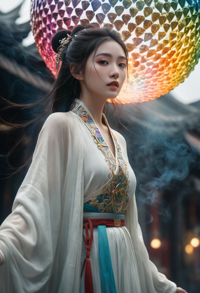 Chinese fantasy,Eastern mythology,((full body:1.3)),((floating)),((in air)),shrouded in a lattice like cloud layer above the screen,(these thick dark clouds condense into crystals),(there is a gap in the center of the cloud layer, from which many black smoke flows out),a dazzling sky,(a 20-year-old woman wearing a white long sleeved ancient costume suspended in the air:1.2),((she holds a crystal stone emitting colorful light with both hands:1.5)),the Tindar effect,chaos,sacred light,
ray tracing,shadows,ultra sharp,metal,((cold colors)),Epic CG masterpiece,(3D rendering),facing camera,ultra high resolution,(masterpiece),(best quality),(super detailed),(extremely delicate and beautiful),cinematic light,detailed environment,(real),(ultra realistic details:1.5),glass-like sparkling eyes are blurry and dreamy,(muscle tone and definition),(finely detailed features),stunning colors,cinematic lighting effects,super wide Angle,light particles,light particle art,glowing,dynamic poses,surreal,futurism,concept art,exquisite facial features,super delicate face,designed by greg manchess,smoke,a model woman,bright eyes,glossy lips,trending on art station,photoreal,8 k,octane render by greg rutkowski,art by Carne Griffiths and Wadim Kashin,in the style of Dau-al-Set,Pollock,and inspired by MAPPA and Zdzislaw Beksinski,xianxia