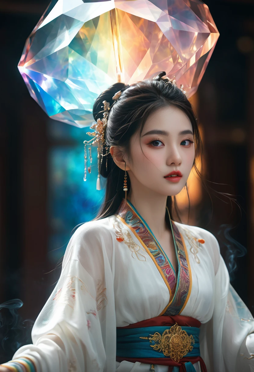 Chinese fantasy,Eastern mythology,((full body:1.3)),((floating)),((in air)),shrouded in a lattice like cloud layer above the screen,(these thick dark clouds condense into crystals),(there is a gap in the center of the cloud layer, from which many black smoke flows out),a dazzling sky,(a 20-year-old woman wearing a white long sleeved ancient costume suspended in the air:1.2),((she holds a crystal stone emitting colorful light with both hands:1.5)),the Tindar effect,chaos,sacred light,
ray tracing,shadows,ultra sharp,metal,((cold colors)),Epic CG masterpiece,(3D rendering),facing camera,ultra high resolution,(masterpiece),(best quality),(super detailed),(extremely delicate and beautiful),cinematic light,detailed environment,(real),(ultra realistic details:1.5),glass-like sparkling eyes are blurry and dreamy,(muscle tone and definition),(finely detailed features),stunning colors,cinematic lighting effects,super wide Angle,light particles,light particle art,glowing,dynamic poses,surreal,futurism,concept art,exquisite facial features,super delicate face,designed by greg manchess,smoke,a model woman,bright eyes,glossy lips,trending on art station,photoreal,8 k,octane render by greg rutkowski,art by Carne Griffiths and Wadim Kashin,in the style of Dau-al-Set,Pollock,and inspired by MAPPA and Zdzislaw Beksinski,xianxia