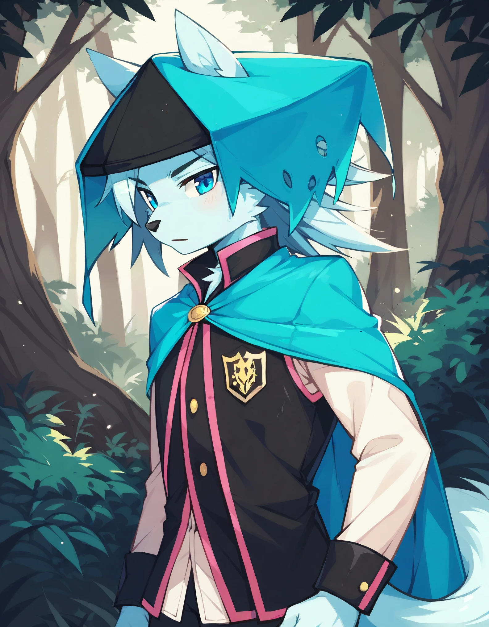 score_9, score_8_up, score_7_up, score_6_up, (du57aet, anthro, tail), ((male focus, 1boy, solo)), male, half-length portrait, blue eyes, hat, cape, vest,  forest background 