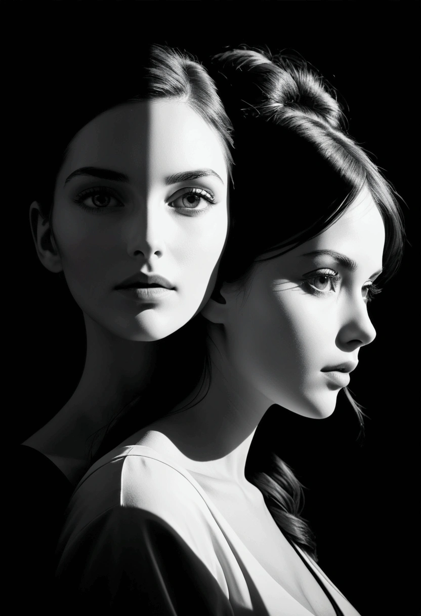 A black and white design of two overlapping women's faces, creating a shadow and depth effect.