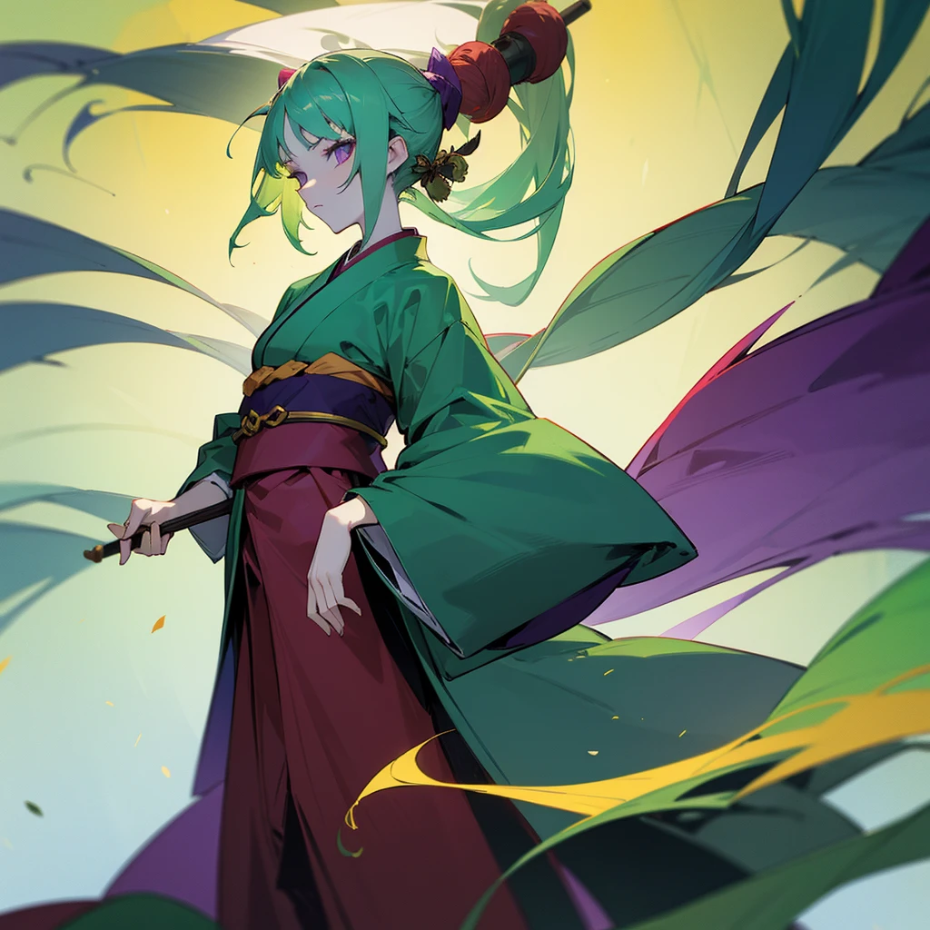 Make a beautiful girl, pale skin, attractive appearance, young, subtle draconian features, green hair, purple details in the hair, oriental clothes (kimonos), monk clothes.