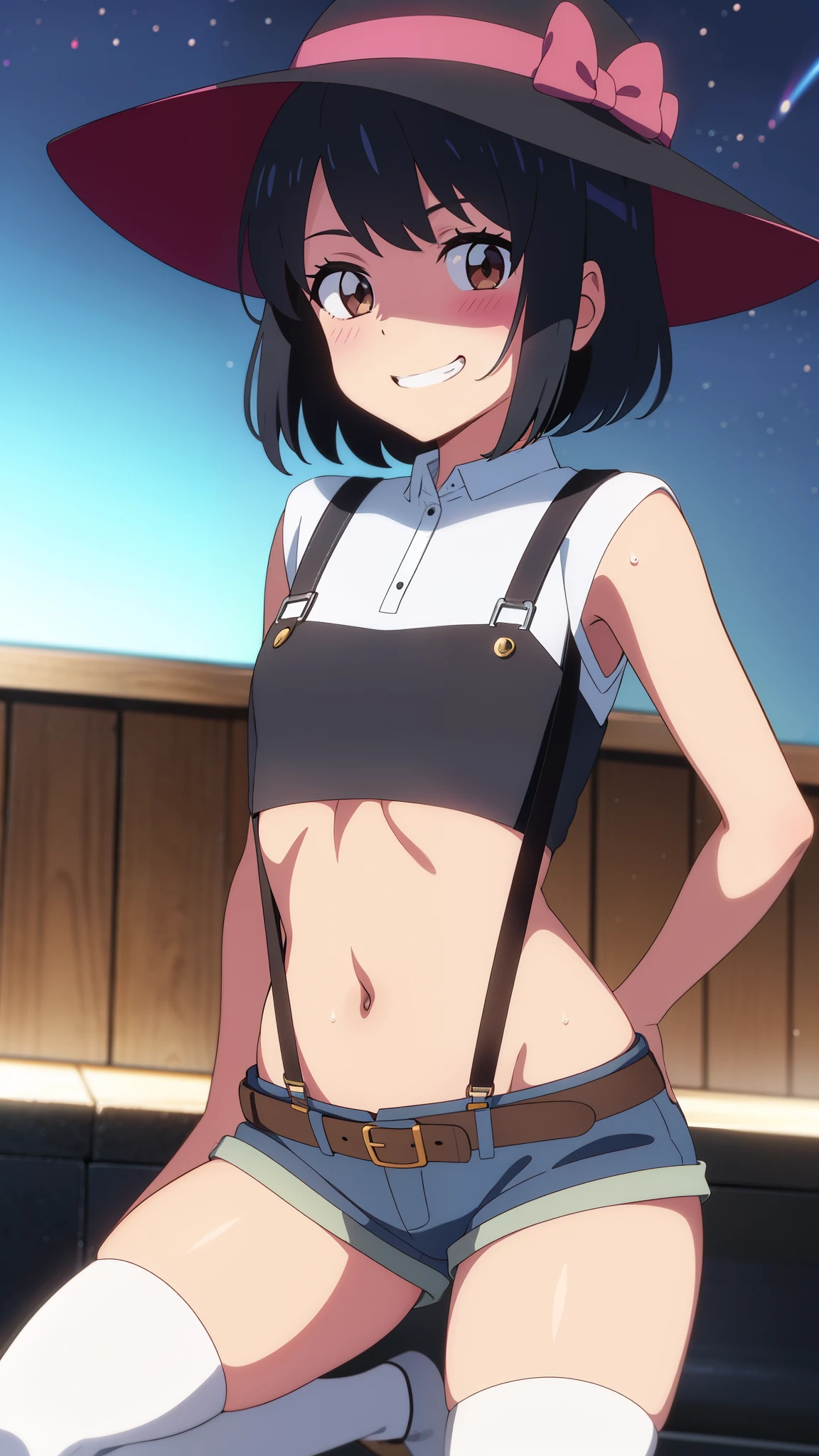 shinkai makoto, kimi no na wa., 1girl, bangs, black hair, blush, brown eyes, perfect face, looking at the viewer, bonnie hat, black suspenders, white t-shirt, white crop top, exposed navel, bare shoulders, garterbelt, sight, blue shorts, belt, short hair, solo, shinny skin, smile, cute, grin, black thighhighs, night sky, sweat, (masterpiece), best quality