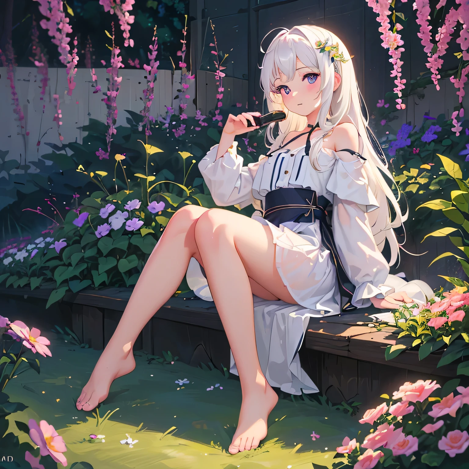 (best quality,4K,8K,high resolution,masterpiece:1.2),Very detailed,(Practical,photoPractical,photo-Practical:1.37),illustration,Soft Light,White hair girl,Deep purple eyes,Glowing eyes,sit down,barefoot,blush,Garden at night,Flowers.dew