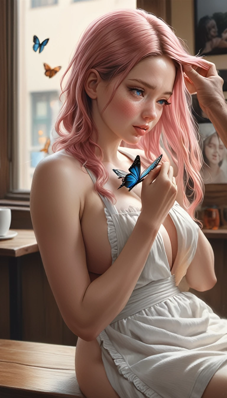 1 girl,One,pink hair,Decorating your hair with a butterfly,(naked:1.3),white apron,big breasts,split,hips,cafe background,(blushing:1.3),(Best quality,,a high resolution,masterpiece:1.2),Ultra detailed,(realistic,photorealistic,photo-realistic:1.37),portraits,bright colors,soft and warm lighting, licks a man's penis with her lips,