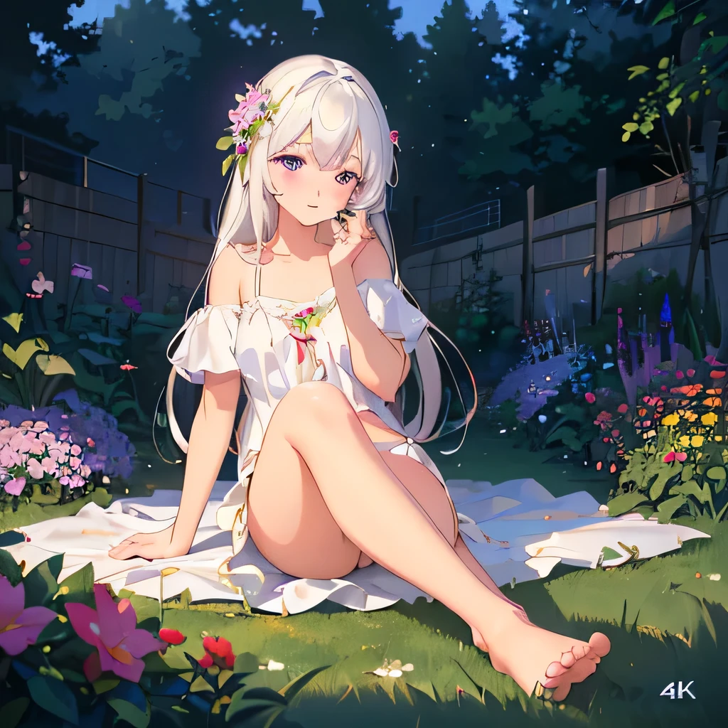 (best quality,4K,8K,high resolution,masterpiece:1.2),Very detailed,(Practical,photoPractical,photo-Practical:1.37),illustration,Soft Light,White hair girl,Deep purple eyes,Glowing eyes,sit down,barefoot,blush,Garden at night,Flowers.dew