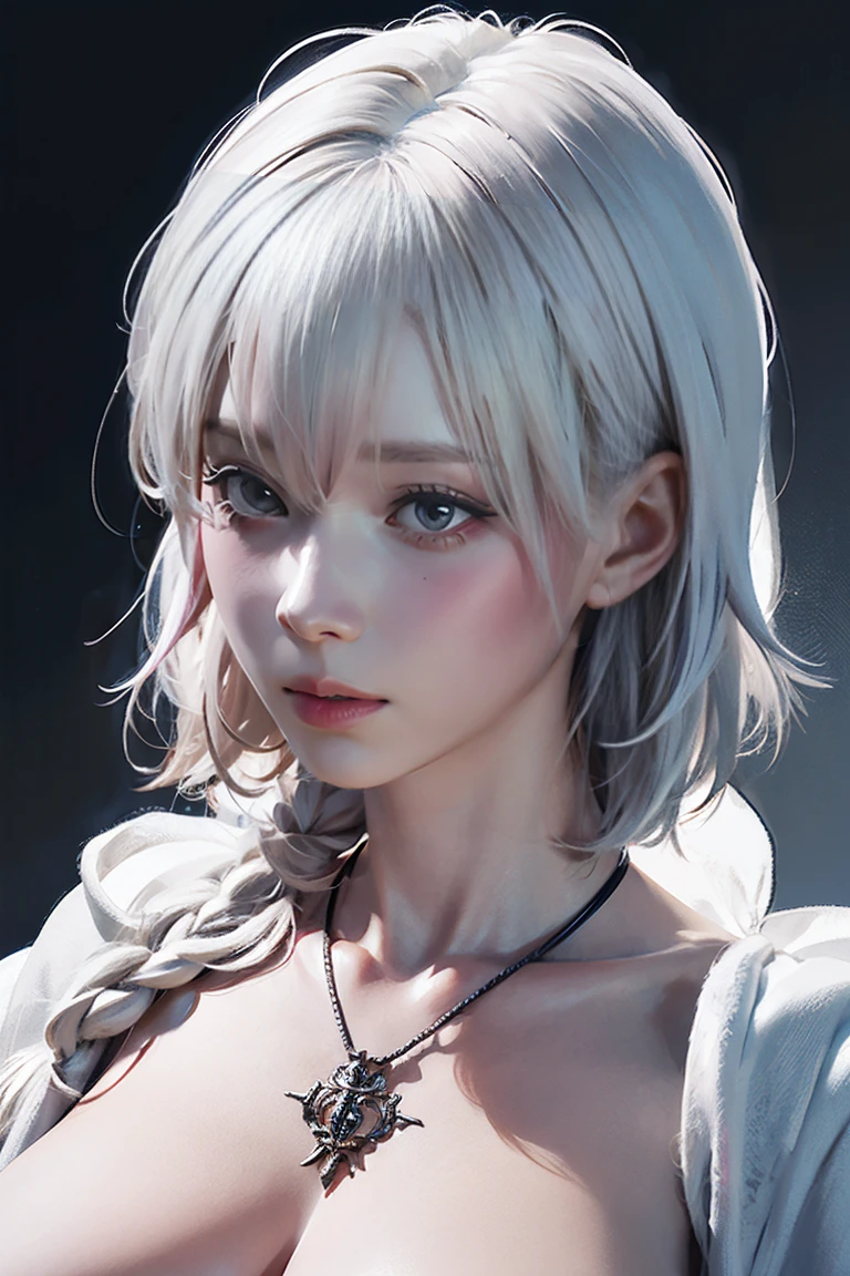 ((Close-up of a woman with tattoos on her chest)), girl, ((Short white hair with bangs, Black strands of hair)), Purple eyes, White T-shirt and white cape, Pendant around the neck. 超High resolution.Photorealistic. 超High resolution.Photorealistic:1.4,超High resolution. Realistic,High resolutionで, masterpiece, Highest quality, Very detailed, Better Shadows, Volumetric lighting), super high quality, High resolution, 8k, 超Realisticな肖像画 , Photorealistic, Dynamic Lighting, Volumetric lighting, Very detailed顔,(NSFW:1.2),Large Breasts