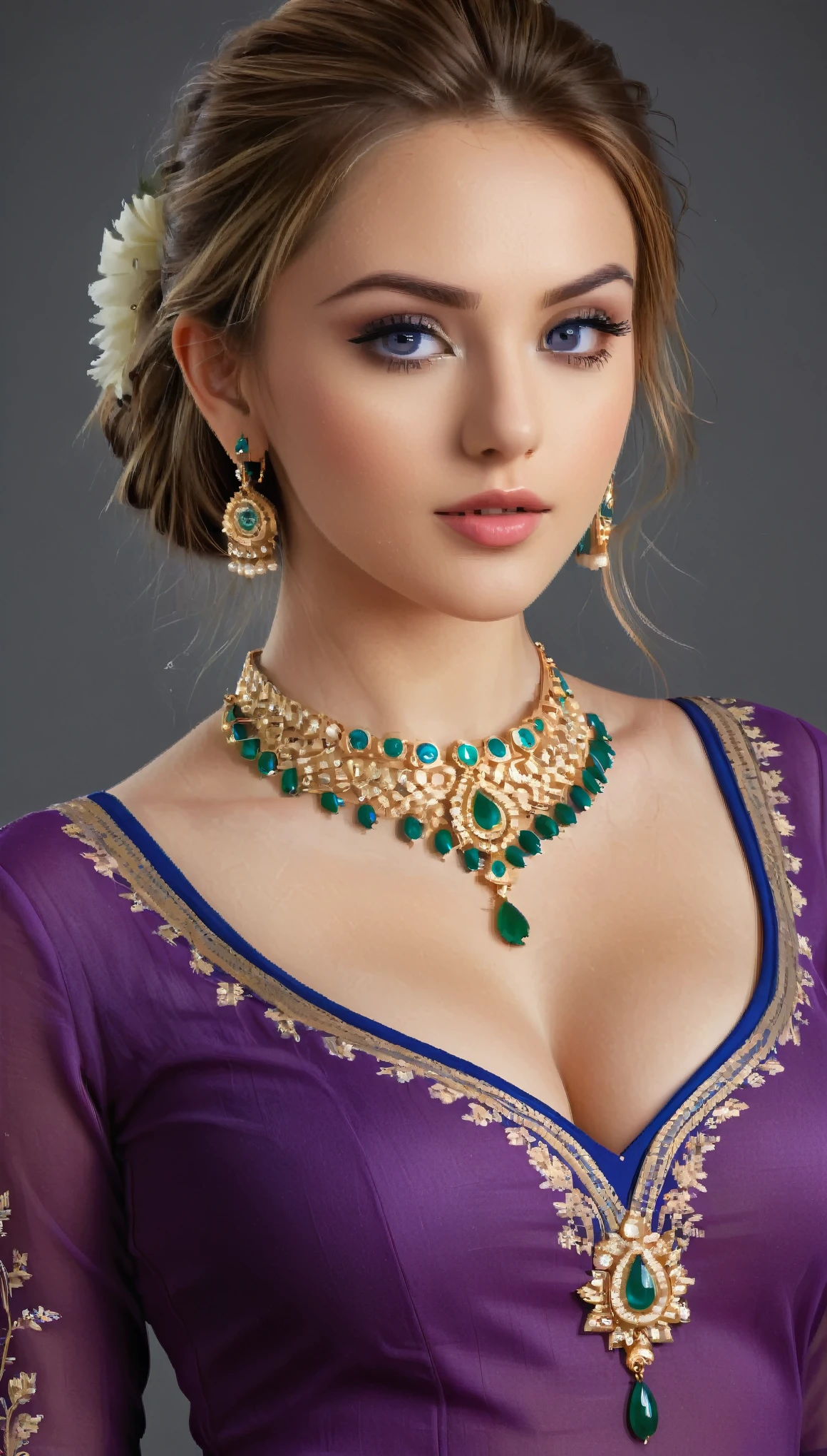 ((photo of 20 year old beautiful girl, beautiful and charming girl)), ,
((((Full body shot:3.0)))), (full body in picture), (full body photo Close-up photo of the shin), (Indian babe), (attention standing posture, separate legs), (looking at viewers, front view shot, from_fronts),
best quality, movie studio lighting, illustration at Very detailed, ultra high resolution, depth of field, caustic, natural shading, masterpiece, hyper realistic, hyper detailed, photorealists, 8K, HDR, High resolution, (1girl), complicated details, extremely detailed, candid picture, candid shots, extreme detailed, highest detailed, (iconic picture shot, perfect brightness, perfect contrast),
(hair is one eye, purple eyes, Golden blonde hair, side bangs, sharp eyeliner, blush eyeshadow with thick eyelashes, lip gloss very delicate and beautiful, round chin, round earrings, sharp eyes, letter choker, symmetrical eyes), ,
(pretty face, iconic face), (detailed face, detailed eye, detailed lips, detailed neck, ultra realistic face, ultra realistic eye, ultra realistic lips), (attractive hair style, detailed hair style), ((Perfect breasts, perfect symmetrical breasts, attractive breasts, perky breasts, perfect rounded breasts, attractive breasts, realistic symmetrical breasts)), (attractive body figure, perfect body figure, perfect figure, curvy_figure, straight body figure, wide body posture), skin_tight, (perfectly symmetrical body)
(beautiful High heels),
(beautiful girl in Indian outfits), ,
((fancy kurta), (embroidery kurta), luxury kurta, bodycon kurta, flared kurta, fancy kurta, skinny sleeves, detached_sleeve, fancy leggings, beautiful leggings), ,