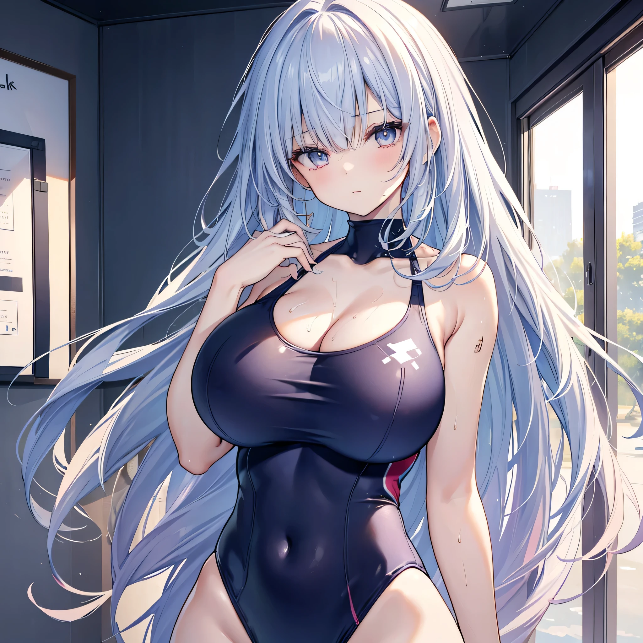 Official art, masterpiece, sharp focus, (beautiful gorgeous and cute European angel: 1.3), (tall and handsome reliable woman: 1.3), woman with light silver hair, wearing bikinis, thongs and jumpsuits, many beautiful tattoos on the upper body, huge chest, plump buttocks, slender and delicate waist with beautiful hair reaching the ground, hands spread, the whole person floats in the air, looking down, exuding light. Beautiful eyes and face, realistic, super detailed, beautiful girl, fine light rain, wet clothes, glowing white particles, (sidelighting: 1.2), night starry sky, detailed starry sky and moon, slender, cute big breasts and huge buttocks, toothless smile ((eyes open when laughing)), scenery, long straight hair, sexy facial expressions, gorgeous night sky in the background, damp clothes clinging to the curves of the body, (cityscape:1.7), dynamic hair, long straight hair, Delicate colored hair, glowing heterochromic pupils, black stockings, pale skin, hair accessories, epic landscapes, collars and hair accessories, hair is particularly long