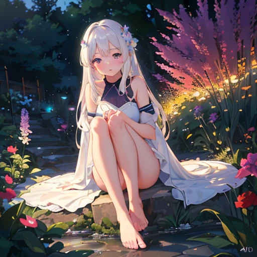 (best quality,4K,8K,high resolution,masterpiece:1.2),Very detailed,(Practical,photoPractical,photo-Practical:1.37),illustration,Soft Light,White hair girl,Deep purple eyes,Glowing eyes,sit down,barefoot,blush,Garden at night,Flowers.dew