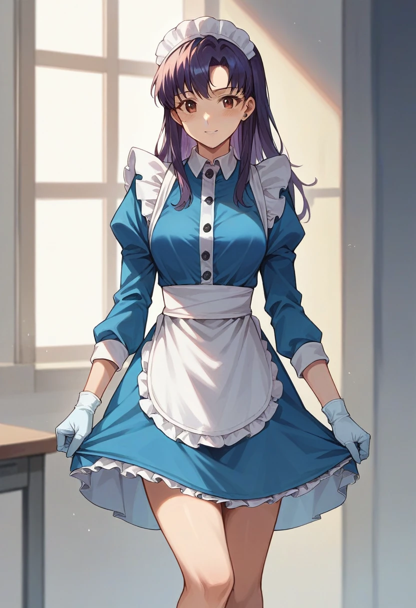 1girl, misato katsuragi, ((blue medical gloves)), (maid uniform), ((long sleeves)), looking at viewer, standing, solo

