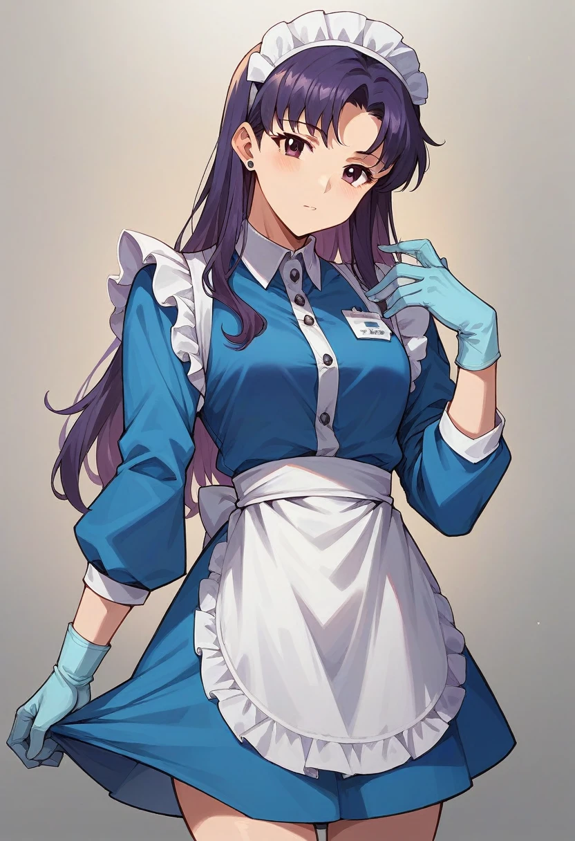 1girl, misato katsuragi, ((blue medical gloves)), (maid uniform), ((long sleeves)), looking at viewer, standing, solo