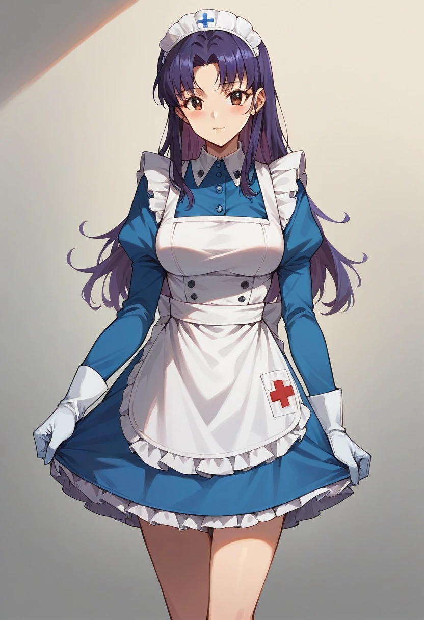 1girl, misato katsuragi, ((blue medical gloves)), (maid uniform), ((long sleeves)), looking at viewer, standing, solo

