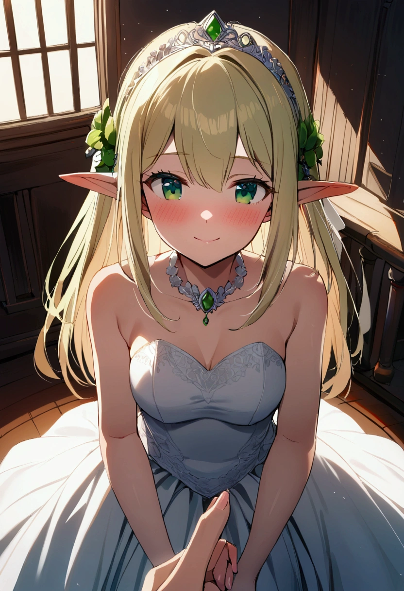 1girl with long blonde hair, elven ears,green eyes, slim body, wedding dress, blush, castle room, doing reverence, soft smile, POV