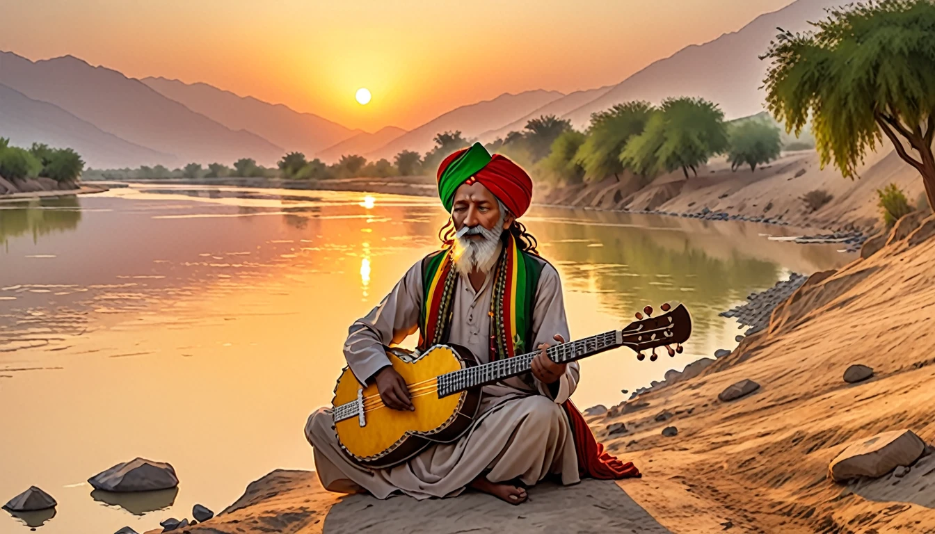 Shield of David,Indian,The turban is Rasta color,On the right side of the screen is an old man playing the sitar.., On the banks of the Indus River,dawn,sunset,dim
