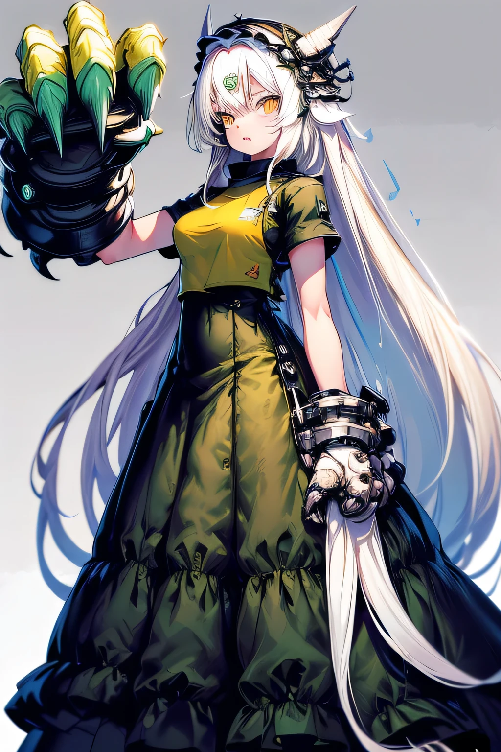 (girl,solo, long hair, white hair, yellow eyes, height quality),(yellow t-shirt, long black skirt) dungeon, mossy, paws, claws,