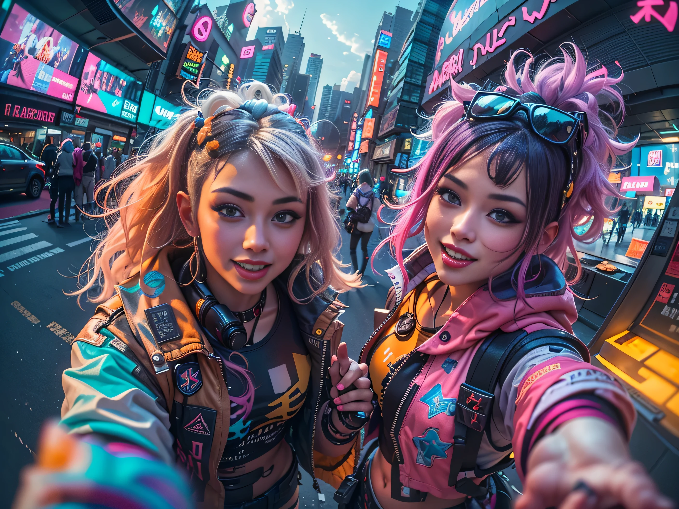 ((2 cyberpunk girls wearing colorful Harajuku style pop outfit)), ((((fisheye lens)))), cowboy shot, wind, messy hair, ((cyberpunk 2077 cityscape)), (cyberpunk aesthetics and atmosphere:1.3), bright colors, smiling, ((cinematic lighting))