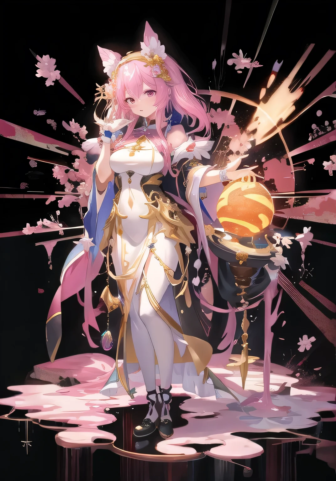 anime girl with a glowing orb in her hand, white, magenta, pink haired deity, trending on artstation pixiv, guweiz on pixiv artstation, guweiz on artstation pixiv, high detailed official artwork, digital art on pixiv, detailed digital anime art, anime fantasy illustration, full portrait of elementalist, highly detailed exquisite fanart, jellyfish priestess,a lot of slime, slime girl, glowing, gloves, height,