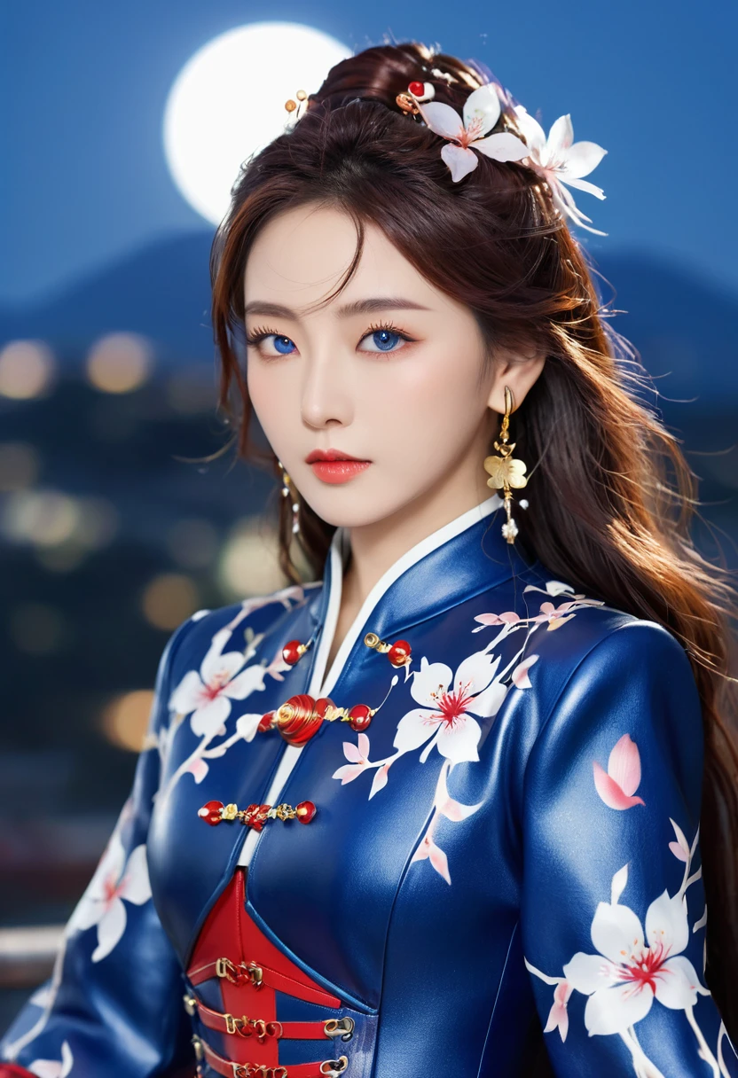 (logo, masterpiece, 8k, table top, RAW photo, wonderful, 最high quality, Photorealistic and hvery detailed CG integrated 8k wallpaper, high quality, very detailed, Narrative poem, particle effects, dynamic effects, written boundary depth, cinematic light, Lens flare, ray tracing, cloud,colorful)), fantasy, ((1 beautiful woman, clear blue eyes, 赤いlong hair, beautiful face, real face, beautiful detailed eyes, beautiful skin, woman dancing gracefully:1.7, woman dancing gracefully:1.7)), long hairがWindでなびく, long hairが跳ねる, long hairがWindで踊る, hair jump, halter neck, plug suit, red leather pants, red leather jacket, red bodysuit, silver earrings, ((night, Wind, darkness, moon light, full moon, night sky, Wind, cherry blossoms, cherry blossomsの花びらが舞っている, cherry blossoms blizzard, falling petals, flying petals)), hip up, robot, mecha musume,intricate mechanical bodysuit, mech corset, full armor, hip up, beautiful eyes, long hair, ring-shaped eyes, jewelry, tattoo, Hanfu, chinese fairy, taoist uniform