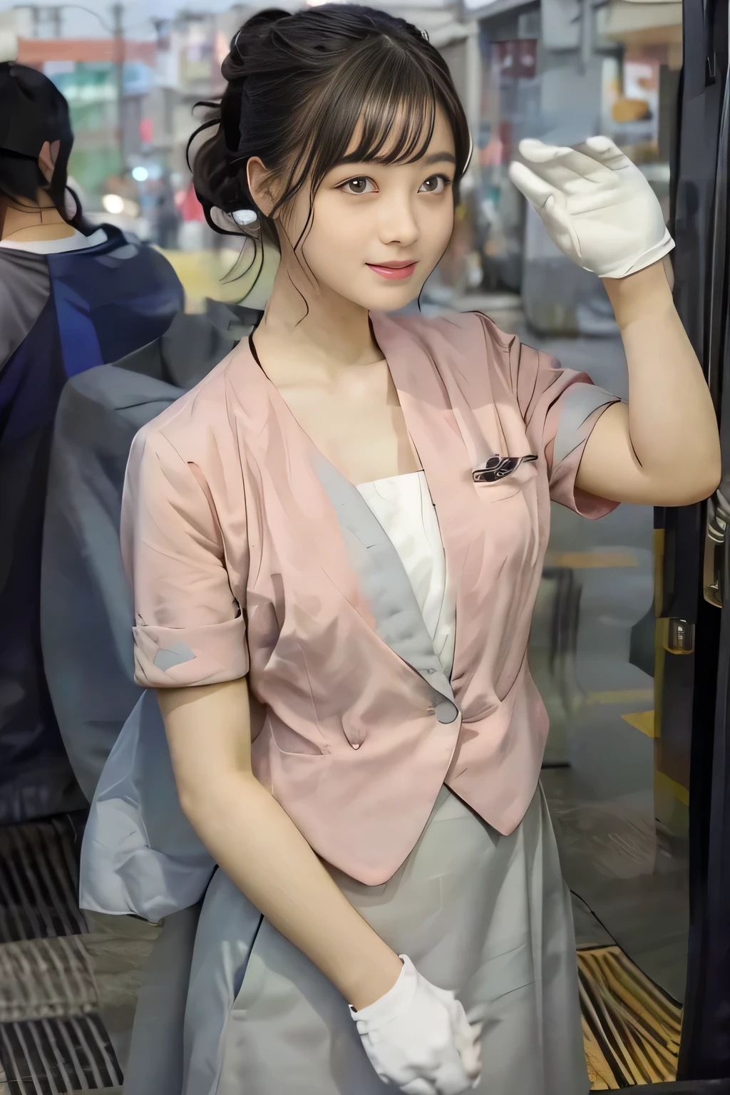 (masterpiece:1.2, Highest quality:1.2), 32k HDR, High resolution, (alone、1 girl)、(On the roof of a building in the daytime、Professional Lighting)、Building rooftop background、(Nankai train crew uniform pinkを着たリアルスタイル)、(Nankai Railway crew uniform, pink, short sleeve, collarless, pink jacket、No-collar short-sleeve blouse、Grey knee-length culottes)、((The bottom of the pink short-sleeved jacket cannot be tucked into the clay-colored culottes..))、Dark brown hair、(Hair tied up、Bun Hair)、Dark brown hair、Long Shot、Big Breasts、Thin legs、((Great hands:2.0)),((Harmonious body proportions:1.5)),((Normal limbs:2.0)),((Normal finger:2.0)),((Delicate eyes:2.0)),((Normal eyes:2.0)))、smile、(A beautiful figure showing off the Nankai Railway crew uniform)、Bring your hands down
