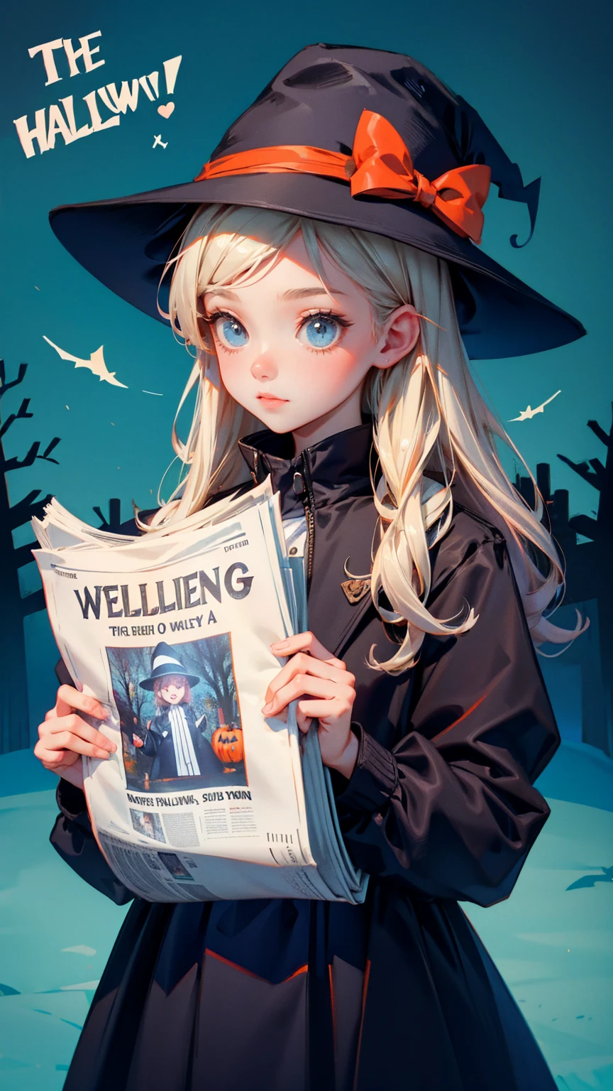 cute girl wearing hat and holding up a newspaper with the text "Announcement of Announcement," written on it, with a Halloween background and spooky trees in the back