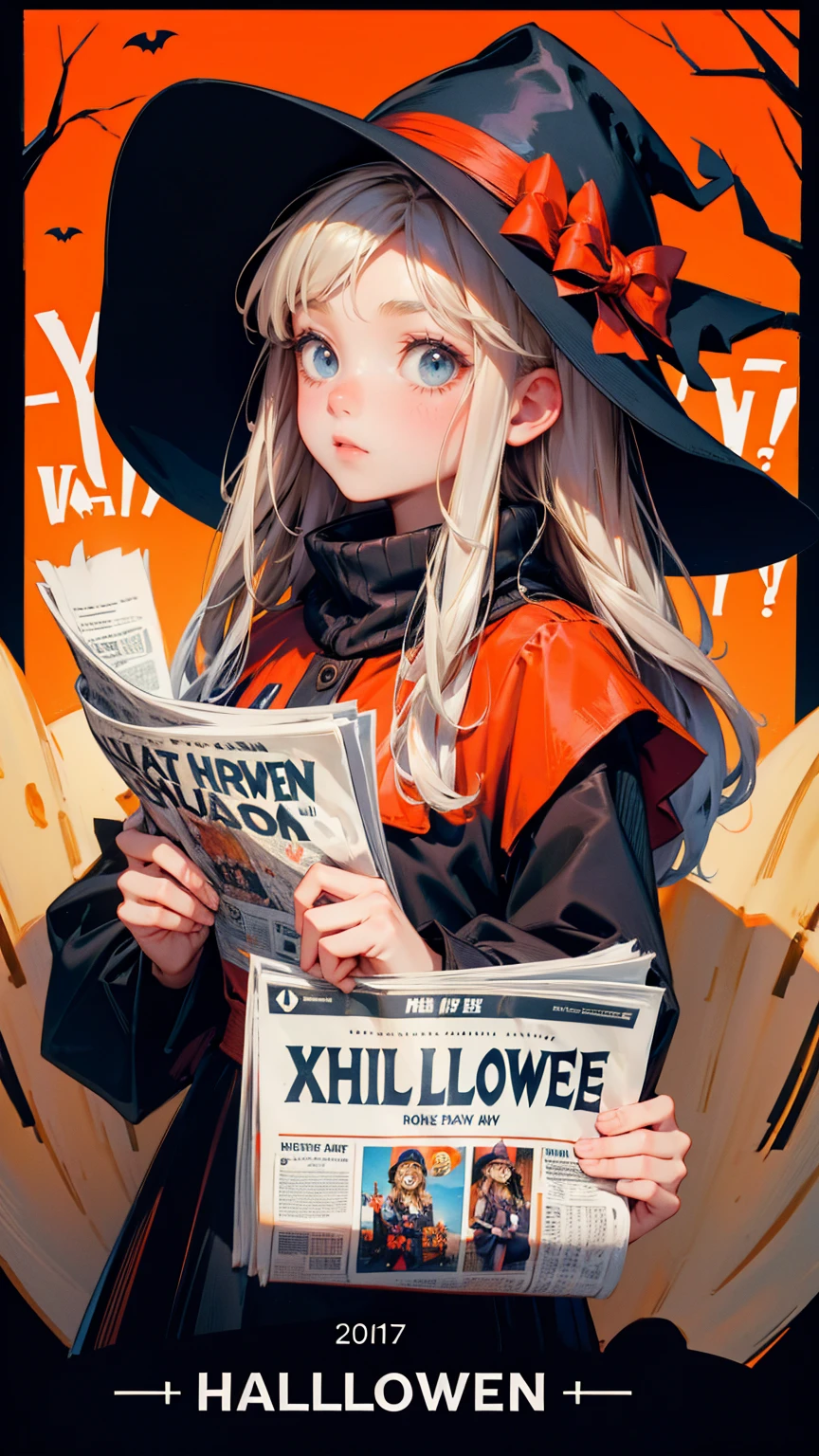 cute girl wearing hat and holding up a newspaper with the text "Announcement of Announcement," written on it, with a Halloween background and spooky trees in the back