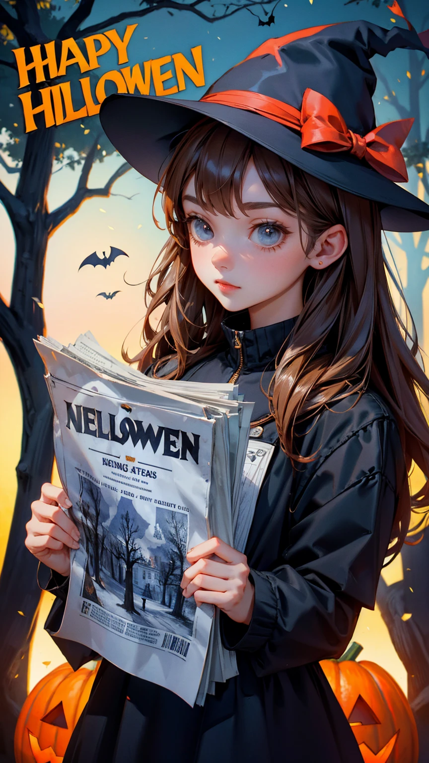 cute girl wearing hat and holding up a newspaper with the text "Announcement of Announcement," written on it, with a Halloween background and spooky trees in the back