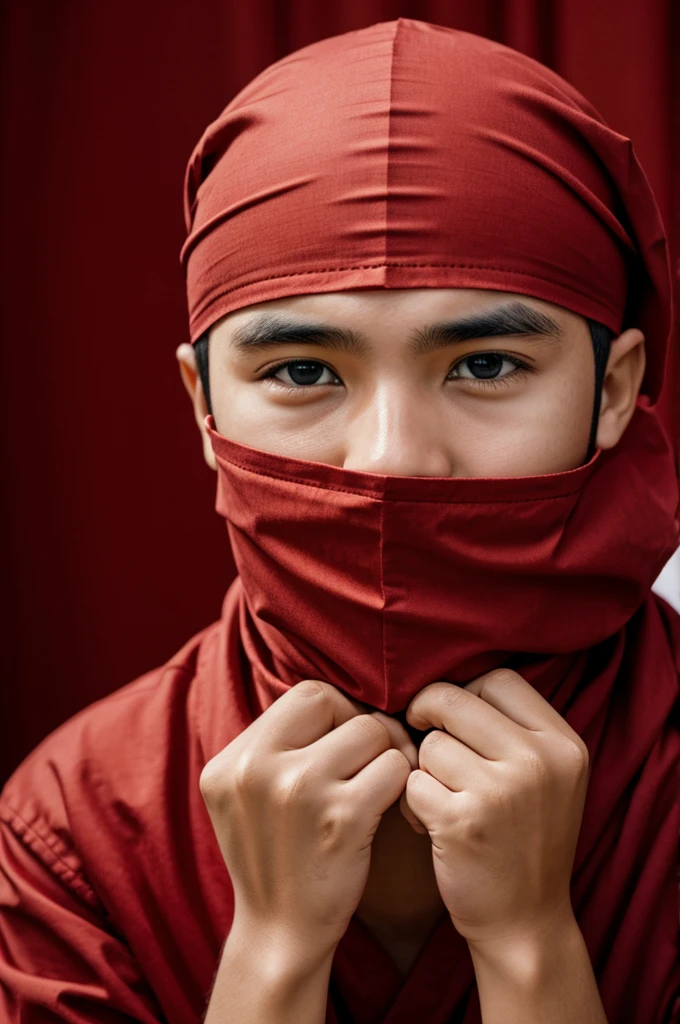 A boy blindfolded with a red cloth over his eyes and face
