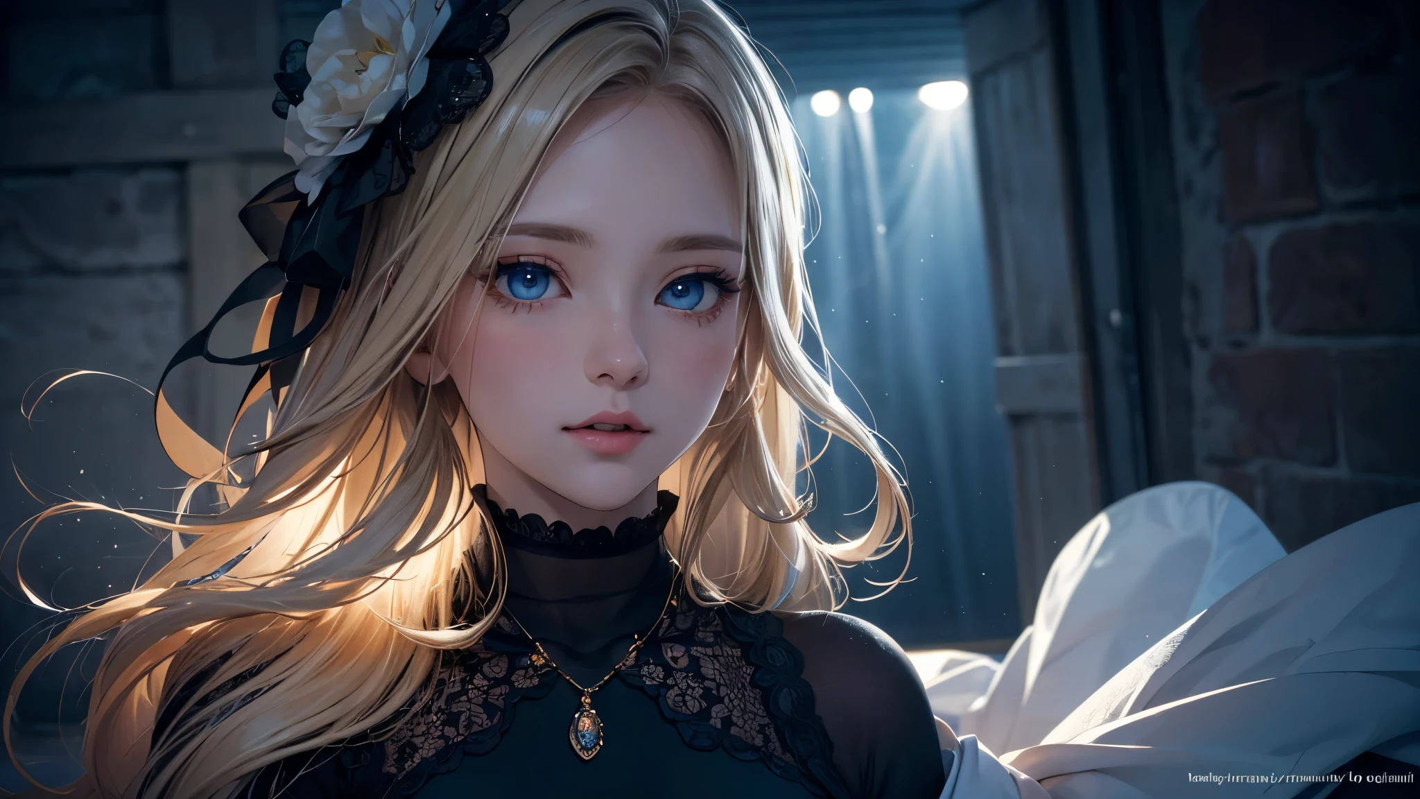 masterpiece),(top-quality:1.2),1girl in,(masuter piece:1.3),exquisitedetails, Highest quality 8K resolution, Ultra-detailed, Realistic, Vibrant colors, Soft tones, With warm and gentle lighting,(Smooth straight blonde hair:1.2),(Hair parted in the middle:1.3),(Glowing hair),(Dark blue eyes:1.3),White skin, hair clips,Small necklace,A gentle feeling overflows,The sun's rays illuminate joy and pure love, Warm golden glow, As if celebrating love,Ultra-detailed depiction and vivid colors,A style that combines romanticism and realism,depth of love,color palettes,Create an ethereal atmosphere like a dream,Lighting is soft and diffused,masterpiece artwork,light light on the face, the girl is in love with you, She looks into your eyes, ((Full-length image of a girl))