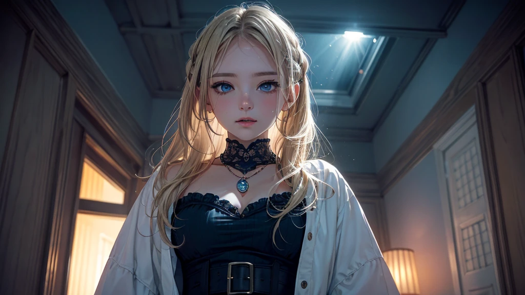 masterpiece),(top-quality:1.2),1girl in,(masuter piece:1.3),exquisitedetails, Highest quality 8K resolution, Ultra-detailed, Realistic, Vibrant colors, Soft tones, With warm and gentle lighting,(Smooth straight blonde hair:1.2),(Hair parted in the middle:1.3),(Glowing hair),(Dark blue eyes:1.3),White skin, hair clips,Small necklace,A gentle feeling overflows,The sun's rays illuminate joy and pure love, Warm golden glow, As if celebrating love,Ultra-detailed depiction and vivid colors,A style that combines romanticism and realism,depth of love,color palettes,Create an ethereal atmosphere like a dream,Lighting is soft and diffused,masterpiece artwork,light light on the face, the girl is in love with you, She looks into your eyes, ((Full-length image of a girl))