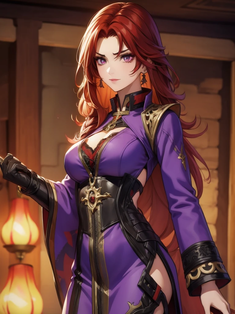 My sweet vampire (, thin, black and red hair) lies on his crypt, joy, colmillos, purple eyes, purple hanfu, elegant, Ancient China, Chinese national costume