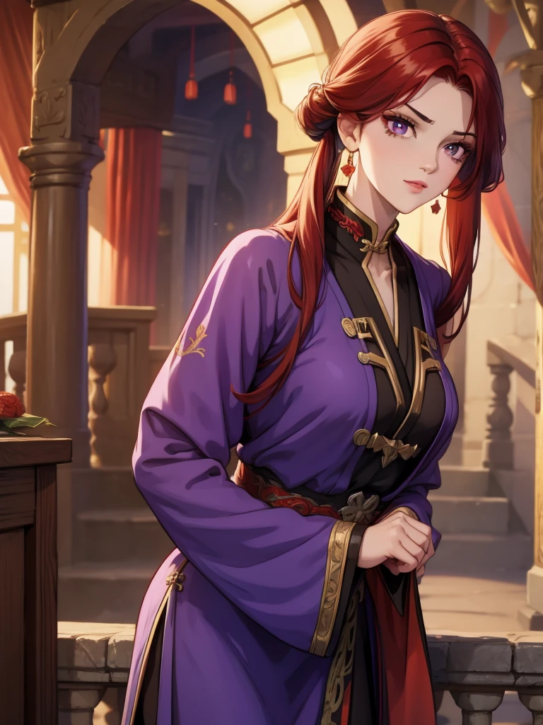 My sweet vampire (************, thin, black and red hair) lies on his crypt, joy, colmillos, purple eyes, purple hanfu, elegant, Ancient China, Chinese national costume