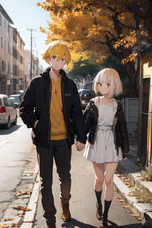 Two students hold hands walking on a road full of autumn leaves ( girl with a small, slender figure, tall guy with yellow hair)