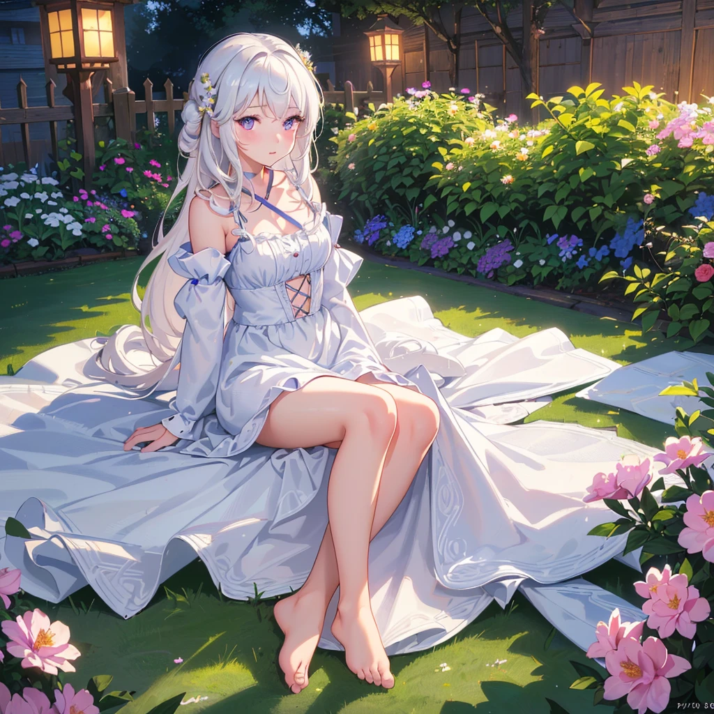 (best quality,4K,8K,high resolution,masterpiece:1.2),Very detailed,(Practical,photoPractical,photo-Practical:1.37),illustration,Soft Light,White hair girl,Deep purple eyes,Glowing eyes,sit down,barefoot,blush,Garden at night,Flowers.dew