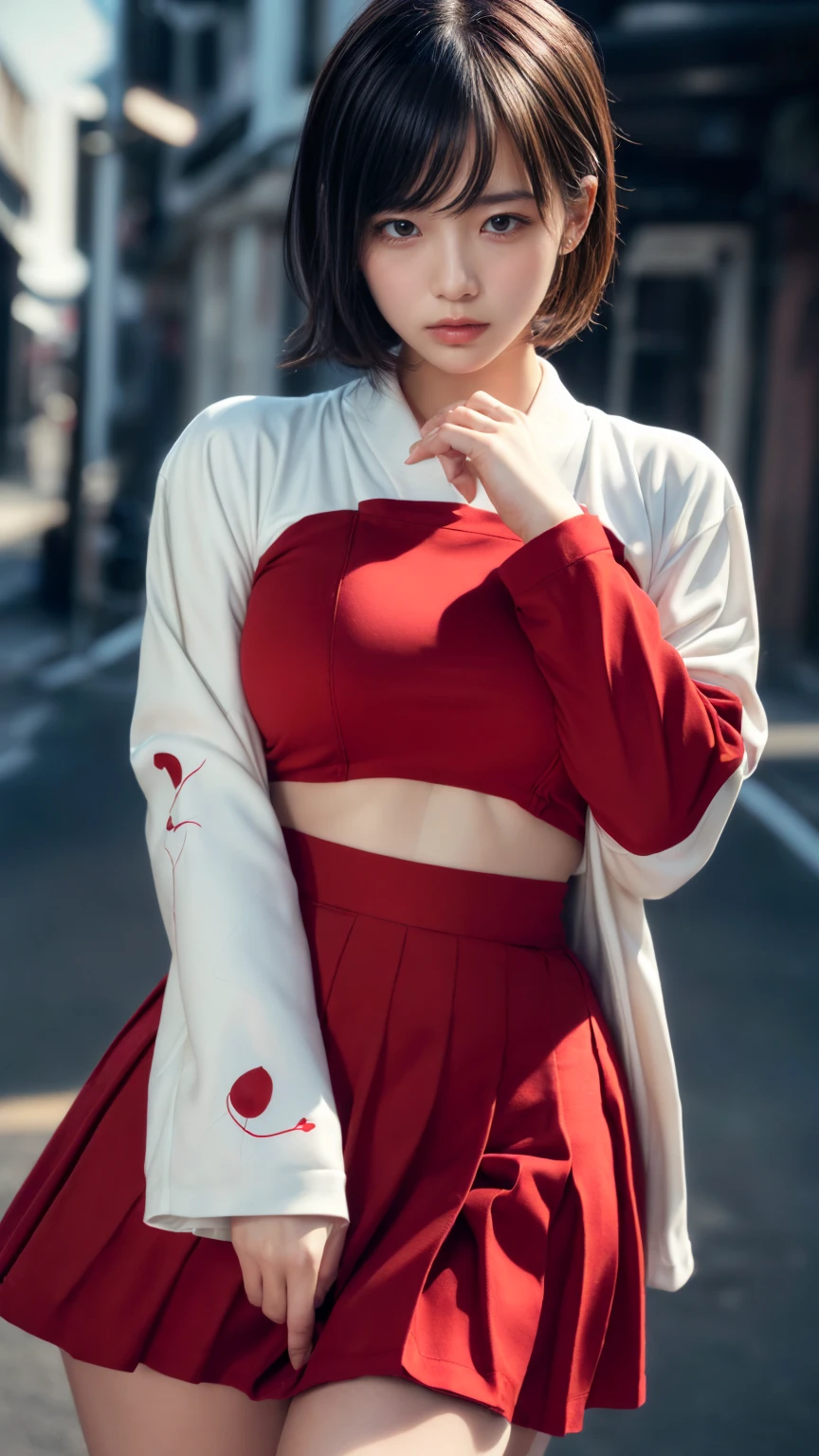(absurdres:1.3), (highres:1.3), (ultra detailed:1.3),(1girl:1.3), (extremely detailed CG unity 8k wallpaper:1.3), (detailed skin texture, detailed cloth texture, detailed hair texture), (beautiful detailed face, supermodel, pale skin, realistic glistening skin), (RAW photo, best quality), (realistic, photo-realistic:1.4), masterpiece, extremely delicate and beautiful,Amazing, finely detail, extremely detailed CG unity 8k wallpaper, huge filesize, ultra-detailed, highres, absurdres, soft light,rim light, vibrant details, short bob hair, black hair color, Big Natural Color Lip, (perfect body shape), beautiful legs, BREAK (white and red theme:1.4), (fusion of (white kimono tops:1.2) and  (red high-waisted maxi length skirt):1.4), (long sleeve:1.3), (kimono-collar:1.2), (red outlines on white kiomno:1.2), (white very short ankle socks:1.2), (Japanese clogs geta:1.2),
 crying a little、little smile, Harajuku style、20 year old girl、cute type、lolita、open legs