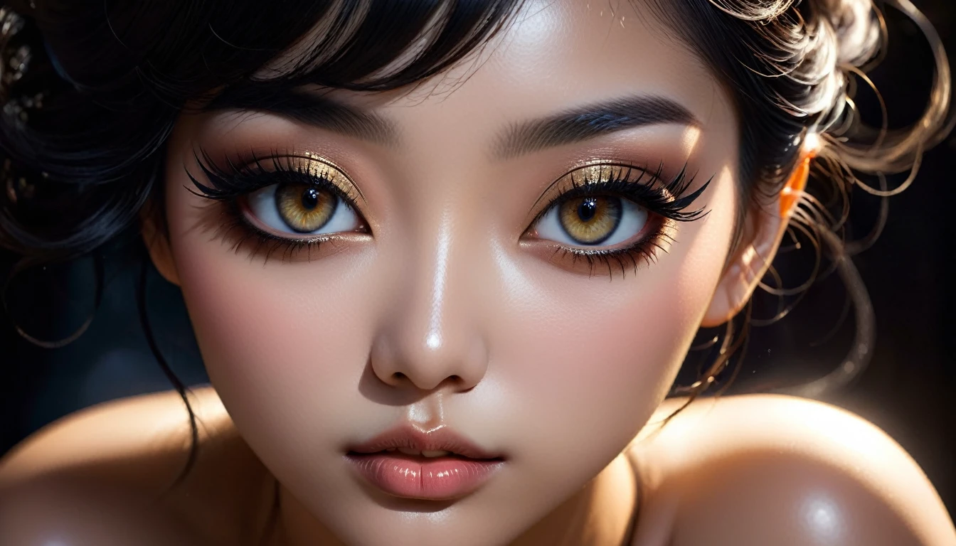 beautiful detailed eyes, beautiful detailed lips, Asian, extremely detailed solid black obsidian eyes and face, long eyelashes, 1girl, nude, sensual, seductive, alluring, voluptuous, curvaceous, erotic, provocative, intimate, passionate, exotic, graceful, elegant, ethereal, fantasy, dreamlike, surreal, mystical, dark, mysterious, chiaroscuro, moody, atmospheric, dramatic lighting, cinematic, high contrast, rich colors, warm tones, golden hour, volumetric lighting, glowing skin, flawless complexion, (best quality,4k,8k,highres,masterpiece:1.2),ultra-detailed,(realistic,photorealistic,photo-realistic:1.37)