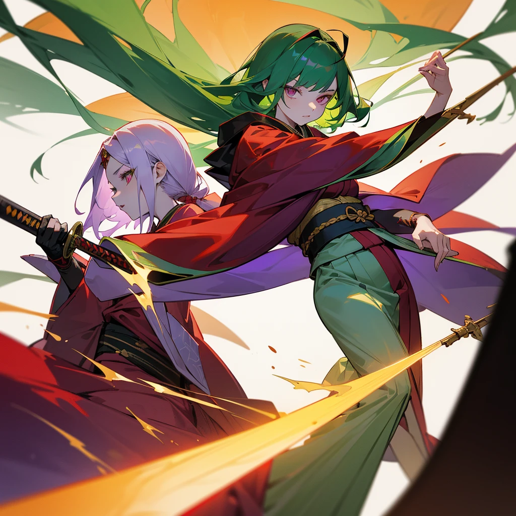 Make a beautiful young woman, pale skin, attractive appearance, young, subtle draconian features, green hair, purple details in the hair, oriental clothes (kimonos), monk clothes, red clothes, gold details, wielding a zambatou (Sword) in her hands Bastard).