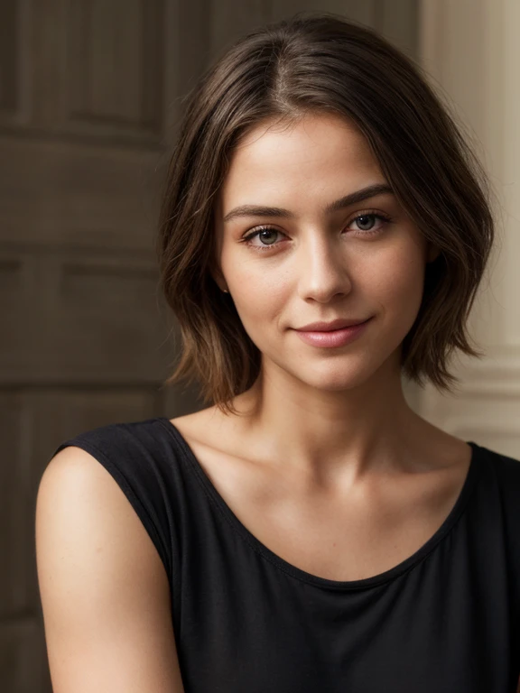 ((Masterpiece, best quality,edgQuality,photorealistic,hyper realistic)),(smiling:0.7),posing for a picture,
edgstrldress, a woman in a black t shirt ,wearing ,t shirt