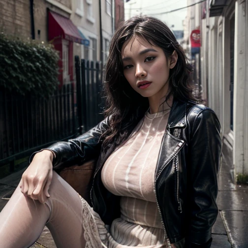 8k, top-quality, (pubic hair beauty)、hight resolution, lifelike, realperson, rainy backyard alley, London Style, Tangled, cinematic lighting soft lighting、A musician wearing a leather jacket is sitting and glaring at me.、a beauty girl、huge tit、beauty legs、