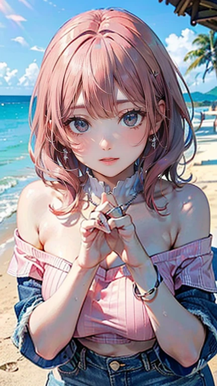 (Masterpiece, BestQuality:1.3), (ultra detailed:1.2), (hyperrealistic:1.3), (RAW photo:1.2), High detail RAW color photo, professional photograph, (Photorealistic:1.4), (realistic:1.4), professional lighting, perfect anatomy, (Big Breasts:1.2), (blush, detailed face), (cheerful Smile:1.5), (Pink Hair:1.5), Trending Hair&Trending Hairカラーをランダムに, earrings, necklace, bracelet, sexly, erotic sexly, Random sexy gravure poses, (A beautiful woman wearing a marine blue off-shoulder top and denim shorts、A refreshing smile at the beach、Silver Ring、Shell picking pose。:1.3)