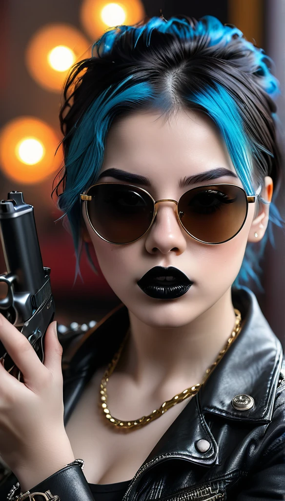 ((realistic,photorealistic:1.37),(ultra-detailed), (professional),(sharp focus), (vivid colors), (bokeh),(portrait), (skin texture:1.1), (gun:1.1)best quality,4 k,8 k,higher ,masterpiece:1.2),ultra-detailed,(realistic,photorealistic,photo-realistic:1.37), punk girl thug style ultra realistic, Raw photo Realistic, black hair layered haircuts punk style, black sunglasses chain locket, black lips, black lipstick,((punk girl pointing gun on the camera,gun:1,1)), ultra detailed realistic,((sitting on the couch)),((full body photography)) realistic,dark room realistic light ultra detailed description cool face expression, delicate nose,long eyelashes, delicate lips ultra realistic, highly detailed HD Quality top Quality 